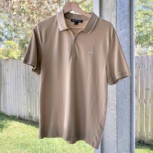 Michael Kors Men’s M Front 1/4 Zip, Waffle Jacquard Tan Polo Shirt Short Sleeve